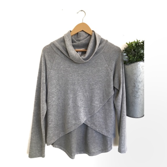 Double Zero Sweaters - Double Zero | Grey Crossover Cowl Neck Sweater